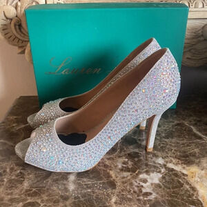 Lauren Lorraine | Candy Crystal Studded Peep Toe Stiletto Heels like new-Silver